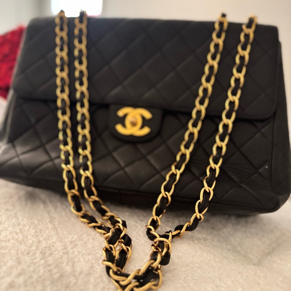 Vintage Chanel Black and Gold Quilted Shoulder Bag with Iconic CC Closure
